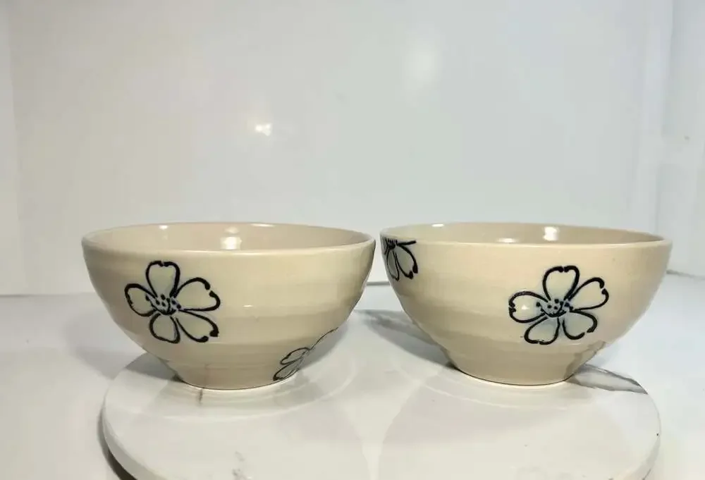 Pier One Imports Blue Hibiscus Flower Stoneware Bowls Set of Two